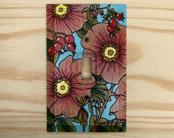 Hand painted wild rose light switch cover - floral single toggle lightswitch cover plate - wooden wall plate