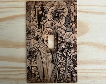 Wooden flower engraved light switch cover - lily of the valley and violets