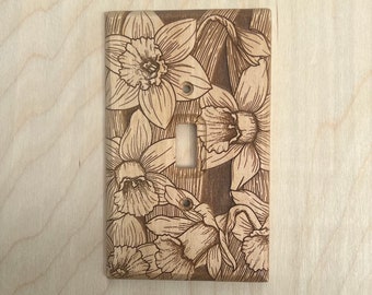 Wooden flower engraved single light switch cover - Daffodil wall plate