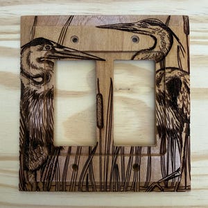 Double rocker wood light switch cover - Great Blue Heron lightswitch cover plate 2 rocker