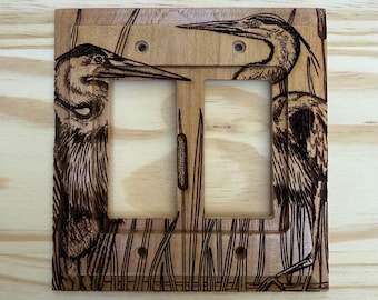 Double rocker wood light switch cover - Great Blue Heron lightswitch cover plate 2 rocker