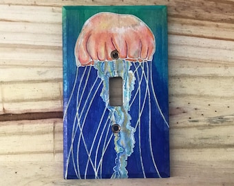 Hand painted Jelly fish light switch cover - colorful wooden single toggle lightswitch cover - standard wood switch plate
