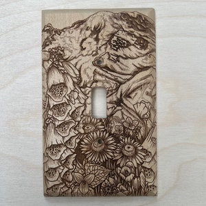 Engraved mountain with wild flowers  cover- single toggle wall light plate - Pacific Northwest lightswitch cover - Mt. Rainier