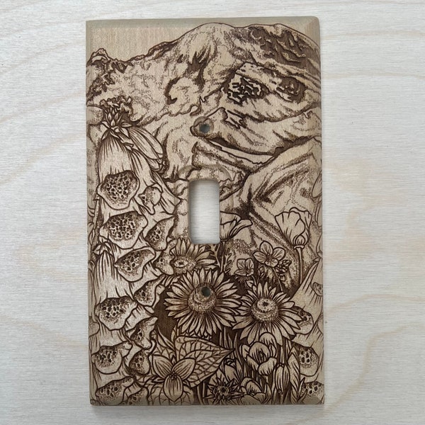 Engraved mountain with wild flowers  cover- single toggle wall light plate - Pacific Northwest lightswitch cover - Mt. Rainier