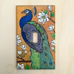 Painted peacock lightswitch cover - wood bird single light switch cover plate