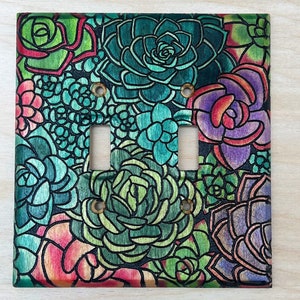 Colorful hand painted succulent double light switch cover- 2 toggle botanical lightswitch cover