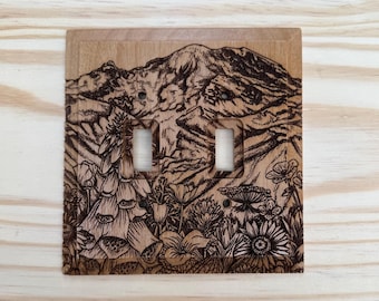 Double engraved wooden mount Rainier light switch cover - mountain and wildflowers