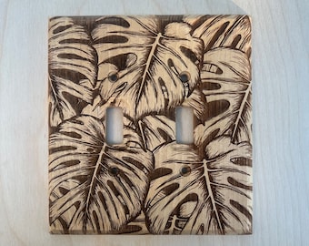 Monstera leaves double light switch cover - 2 toggle  leaf lightswitch cover plate - engraved wood