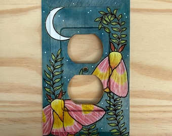 Rosy maple moth outlet cover - wood hand painted single outlet cover plate