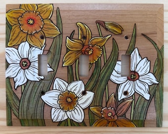 Wooden floral triple light switch cover - 3 toggle switch plate - painted daffodil flower lightswitch cover