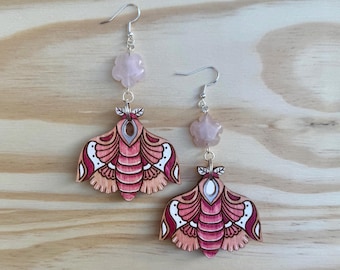 Pink moth earrings - hand painted pink cherry blossom moth earring set