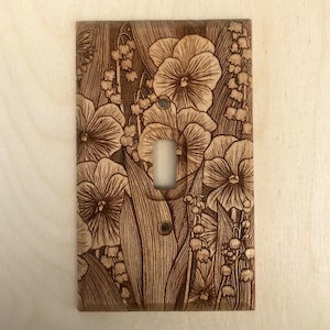 Wooden flower engraved light switch cover - lily of the valley and violets