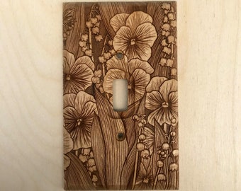 Wooden flower engraved light switch cover - lily of the valley and violets