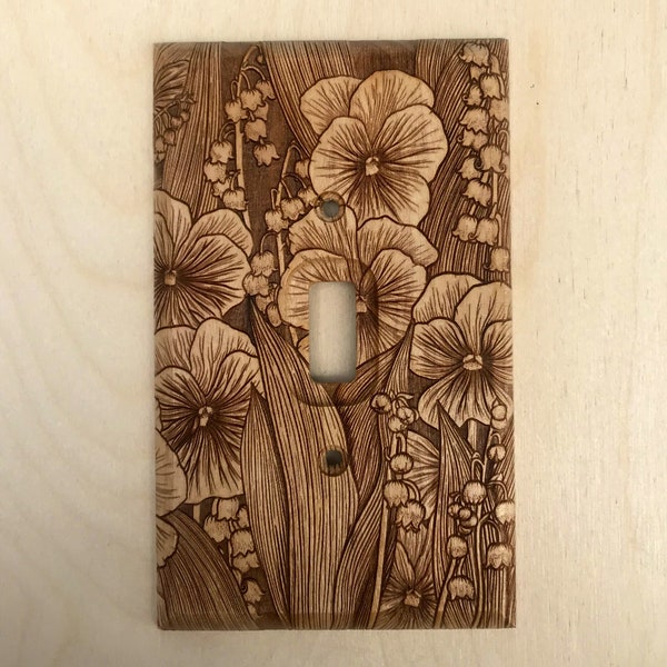 Wooden flower engraved light switch cover - lily of the valley and violets