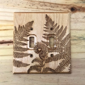 Double fern light switch cover plate - 2 toggle wooden Pacific Northwest inspired lightswitch wall cover