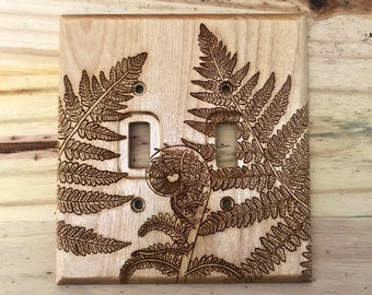 Double fern light switch cover plate - 2 toggle wooden Pacific Northwest inspired lightswitch wall cover