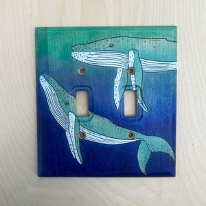hand painted wooden humpback whale double light switch cover - 2 toggle wall switch plate