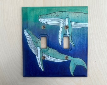 hand painted wooden humpback whale double light switch cover - 2 toggle wall switch plate