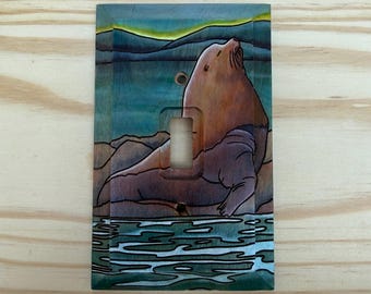 Sea lion lightswitch cover - wood hand painted single light switch cover plate
