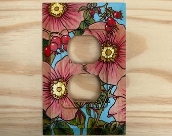 Hand painted wild rose outlet cover - floral single out let cover plate - wooden wall plate