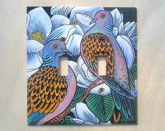 Hand painted Turtle Doves in a Magnolia Tree double light switch cover - wooden 2 toggle lightswitch cover plate