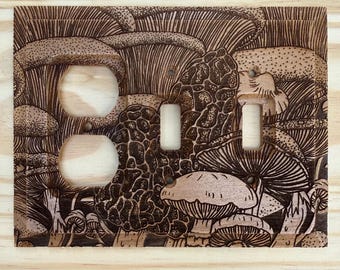 Wood mushroom triple light switch cover - 2 toggle/1 outlet combo switchplate - wooden lightswitch cover