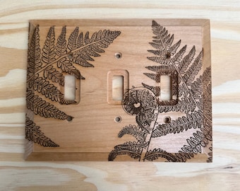 Triple fern triple light switch cover - engraved wooden 3 toggle wall plate