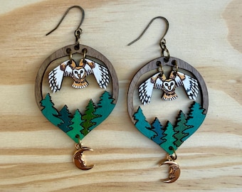 Owl in the forest earrings - hand painted Pacific Northwest earring set