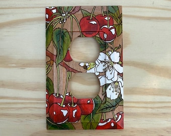Wooden colorful painted outlet cover - cherries, cherry blossoms and leaves