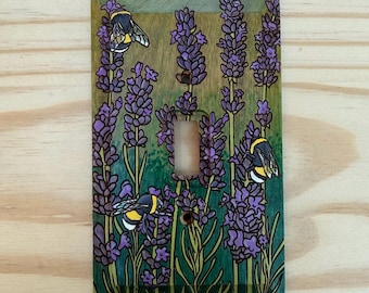 Hand painted lavender and bees light switch cover - floral single toggle lightswitch cover plate - wooden wall plate