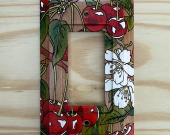 Wooden colorful painted rocker light switch cover - cherries, cherry blossoms and leaves