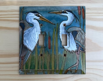 Wooden Great Blue Heron lightswitch cover -  hand painted double light switch cover plate