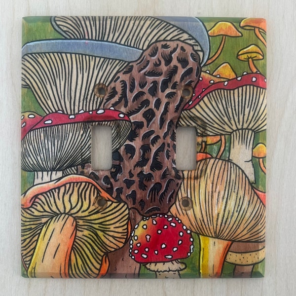 Hand painted double toggle lightswitch cover - Colorful mushroom light switch cover