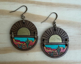 Southwest landscape earrings - hand painted desert cactus earring set