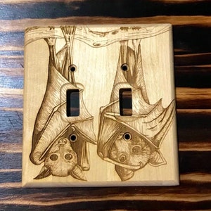 Wooden double light switch cover with bats - 2 toggle light switch cover plate