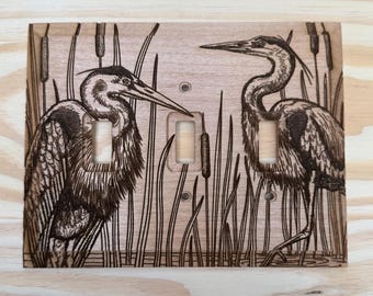 Triple wood light switch cover - Great Blue Heron lightswitch cover plate 3 toggle