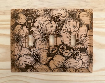 Wooden floral triple light switch cover - 3 toggle switch plate - dogwood flower lightswitch cover