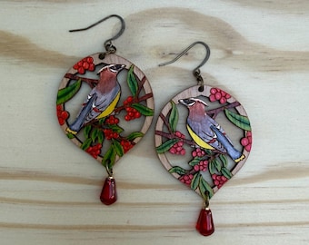 Cedar Waxwing earrings - hand painted Pacific Northwest earring set