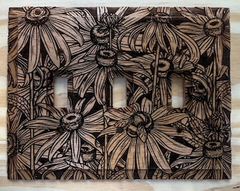 Triple flower wood light switch cover - floral and bumble bee lightswitch cover plate 3 toggle