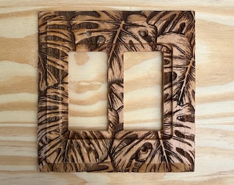 Monstera leaves double rocker light switch cover - 2 rocker  leaf lightswitch cover plate - engraved wood