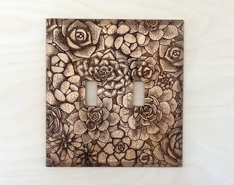 2 toggle succulent light switch cover - wooden double botanical lightswitch cover plate