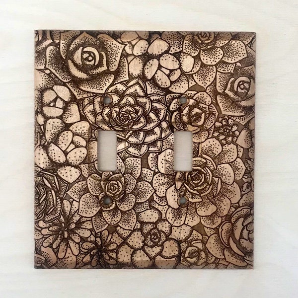 2 toggle succulent light switch cover - wooden double botanical lightswitch cover plate