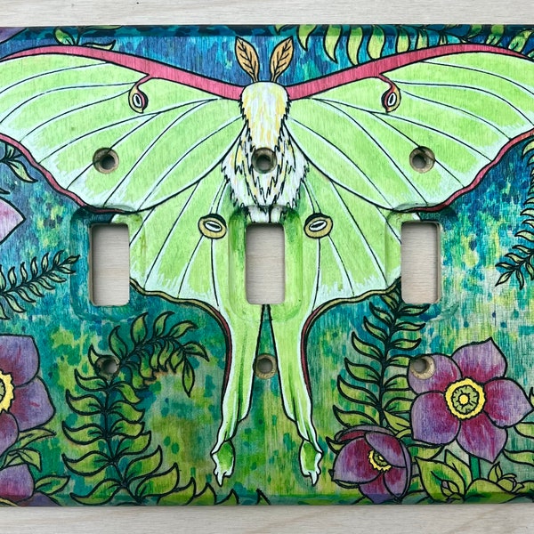 painted wooden Luna moth lightswitch cover - 3 toggle- triple light switch cover - green moth light wall plate
