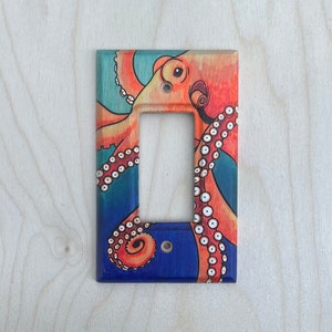 Hand painted octopus rocker light switch cover - colorful wooden single rocker lightswitch cover - wood switch plate