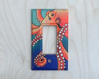 Hand painted octopus rocker light switch cover - colorful wooden single rocker lightswitch cover - wood switch plate