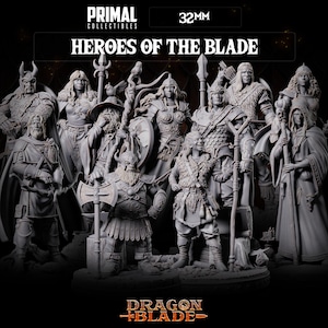 May include: A collection of gray fantasy figurines, including warriors and wizards, with the text "HEROES OF THE BLADE" and "DRAGON BLADE". The figurines are 32mm in size and are displayed against a dark background.