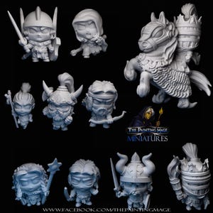 May include: A selection of unpainted miniature figurines depicting various fantasy characters, such as knights and archers. The figurines have a cartoonish design with detailed features. The image includes the text "The Painting Mage Miniatures" and a website address.