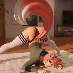 May include: A woman with pink hair and a fluffy pink tail is performing a yoga pose on a light brown rug. She is wearing a green hoodie, black and white striped stockings, and a red and black sports bra.