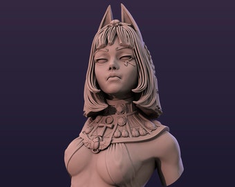 May include: A bust sculpture of a woman with cat ears and a detailed headdress. The sculpture is made of a light brown material and is set on a square base.