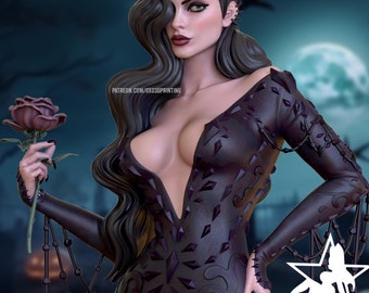May include: A 3D printed figurine of a woman in a black, crystal-embellished dress, holding a single dark rose. The figurine is posed with one hand on her hip and the other holding the rose. The background is a dark, moody scene with a full moon.